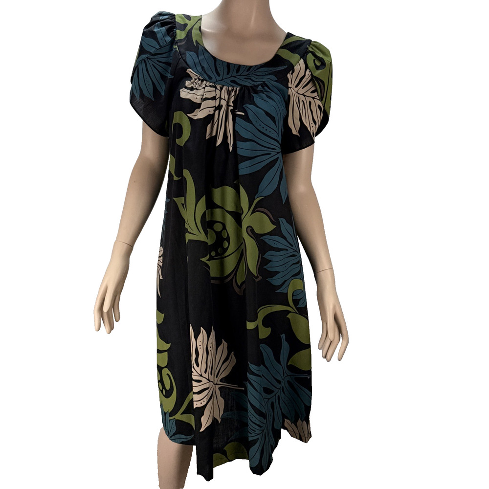 Bishop St Vintage Hawaiian Dress Size L Black Tropical Floral Short Tulip Sleeve